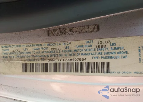 2004 Volkswagen New Beetle Gls 1.8T z USA, uszkodzony, nr VIN 3VWCD31C34M407564